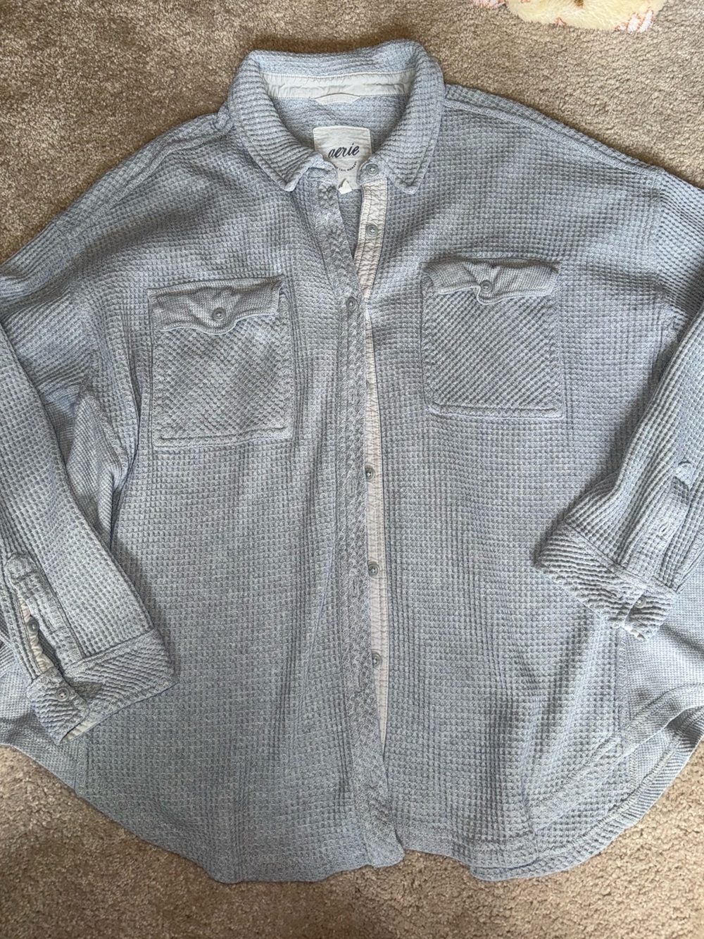 aerie Light Gray Waffle-Knit Button Shirt